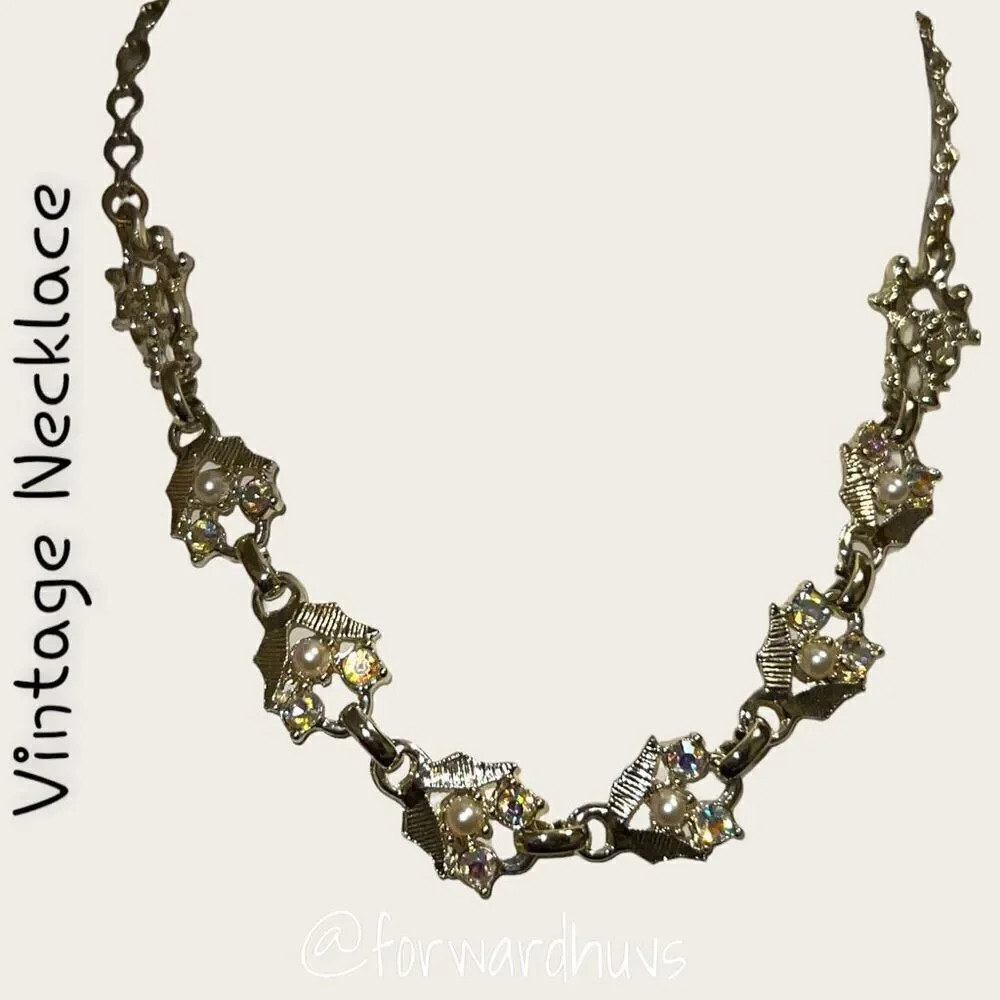 Vintage Silver Tone Necklace with Aurora Borealis and Faux Pearl Accents
